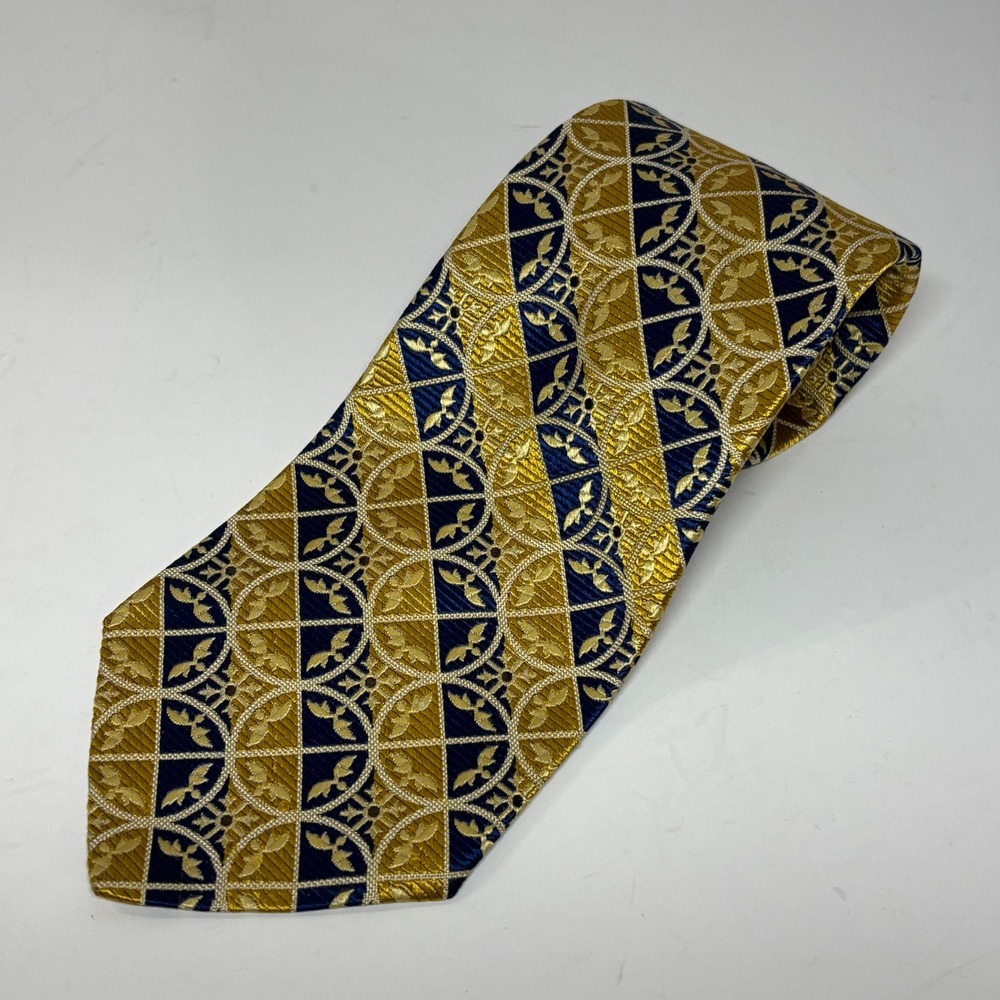 Vtg Lanvin Silk Tie Mens Gold Navy Blue Geometric Medallion Italy Classic Preppy